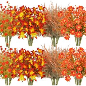 Faux Fall Flowers Outdoor, 16Pcs Artificial Fall Flowers UV Resistant Autumn Plastic Flowers Plants Fall Greenery Shrubs for Outside Porch Patio Garden House Thanksgiving Decor
