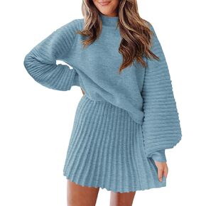 Zwurew Women's 2 Piece Outfits 2024 Long Sleeve Mock Neck Ribbed Sweaters And Mini Skirt Two Piece Sets