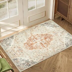 Area Rugs 2×3 Entryway Rug: Washable Rugs 2×3 Boho Vintage Medallion Thin Small Throw Rug Indoor Soft Non-Slip Front Door Mat for Entrance Kitchen Bathroom Bedroom Home Office (Beige, 2'×3')