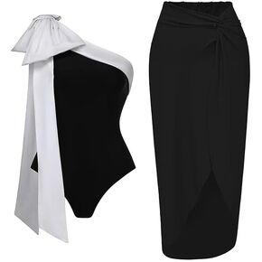 FLAXMAKER One Shoulder Black and White Big Bow Tie Color Block One Piece Vacation Beach Swimsuit and Skirt in Kuwait