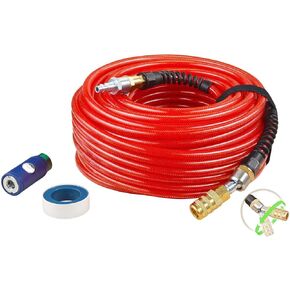 Air Compressor Hose 1/4 Inch x 100 Feet Flexible Reinforced Smooth Polyurethane(PU) Air Hose 300PSI, Non-Kinking Design, 1/4" 360 Swivel Brass Coupler and Plug,1PCS Safety Coupler, Red