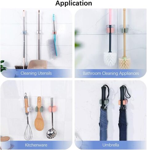 LZYMSZ 8 قطع حامل مكنسة الممسحة، رف تخزين مثبت على الحائط وقابل لإعادة الاستخدام ذاتي اللصق، 4 ألوان بدون حامل مكنسة الحفر للمطبخ والحمام والحديقة وباب الغسيل وخزانة الملابس والمرآب والمرحاض in Kuwait