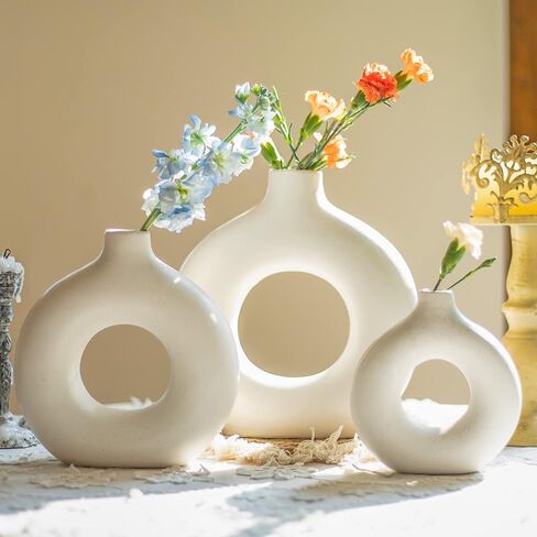 Bdor Ceramic Vase, Flower Vase Set of 3, Hollow Round Matte Vase for Room Decor, Modern Farmhouse Home DéCor Accents, Living Room Decor, Book Shelf, Mantel and Minimalism Dining Coffee Table Decor. in Saudi Arabia