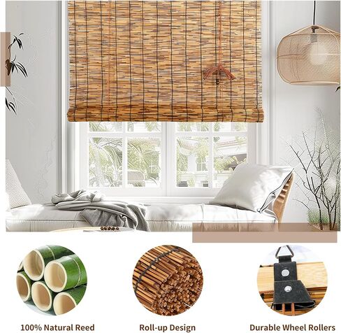 Reed Roller Blinds Shades, Vertical Lifting and Breathable Waterproof Design, Sun Shade and Ventilation, Easy Installation,48" Wx72 H in Kuwait