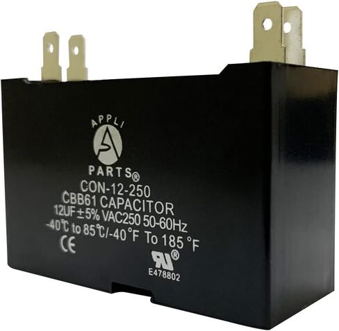 Appli Parts Fan Capacitor 12 mfd (microfarads) uf 250 VAC with 4 Terminal Connections compatible with any brand within the same range of capacitance 2-1/4in Width 7/8in Depth 1-3/4in Height CAP-12-250 in Saudi Arabia