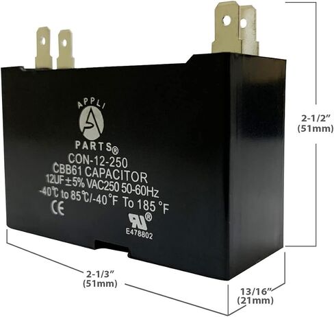 Appli Parts Fan Capacitor 12 mfd (microfarads) uf 250 VAC with 4 Terminal Connections compatible with any brand within the same range of capacitance 2-1/4in Width 7/8in Depth 1-3/4in Height CAP-12-250 in Saudi Arabia
