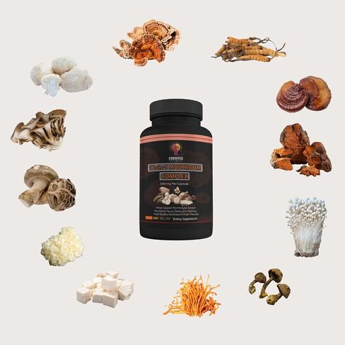 كبسولات الدعم الإدراكي المعقدة 12 في 1 (90 قطعة) - عرف الأسد، ذيل الديك الرومي، الريشي، كورديسيبس، تشاجا - صحة الدماغ، الذاكرة، التركيز، الوضوح، دعم المناعة - مكمل مستخلص الفطر in Saudi Arabia