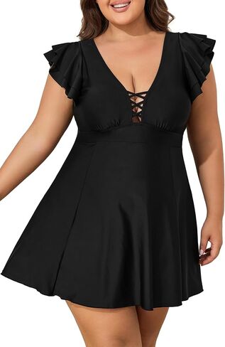 Smismivo Plus Size Swim Dress for Women One Piece Swimdress Ruffle Sleeves Bathing Suit Built in Shorts in Kuwait