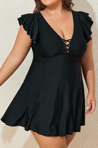 Smismivo Plus Size Swim Dress for Women One Piece Swimdress Ruffle Sleeves Bathing Suit Built in Shorts in Kuwait