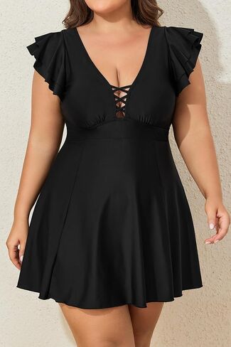 Smismivo Plus Size Swim Dress for Women One Piece Swimdress Ruffle Sleeves Bathing Suit Built in Shorts in Kuwait