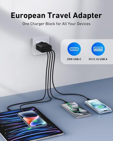 USINFLY European Travel Plug Adapter, 40W 4-Port USB C Wall Charger Plug Type C Fast Charging Block International Power Adaptor US to Europe EU for iPhone 15 14 13 12 11 Pro Max XS X 8, iPad, Samsung in Kuwait