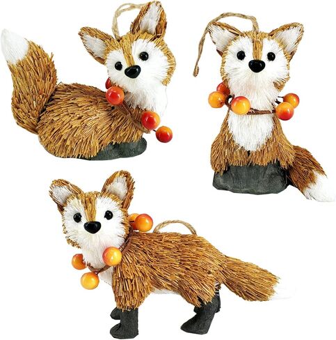 زينة ثعلب السيزال الطبيعية، مجموعة من 3 زخارف لحيوانات الغابات الطبيعية، تماثيل ثعلب واقعية كزينة عيد الشكر أو لمهرجان الحصاد in Kuwait