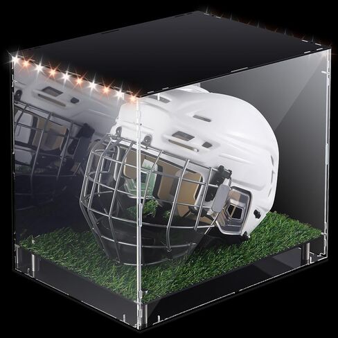 Kigley LED Football Helmet Display Case LED Tricolor Light Strip Full Size Acrylic Helmet Display Case with Mirrored Back with Turf Grass UV Protected Helmet Holder Base for Memorabilia Collectibles in Kuwait