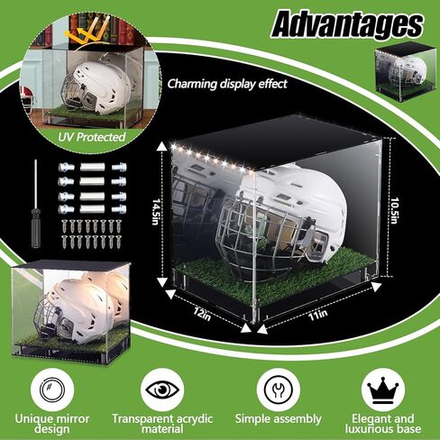 Kigley LED Football Helmet Display Case LED Tricolor Light Strip Full Size Acrylic Helmet Display Case with Mirrored Back with Turf Grass UV Protected Helmet Holder Base for Memorabilia Collectibles in Kuwait