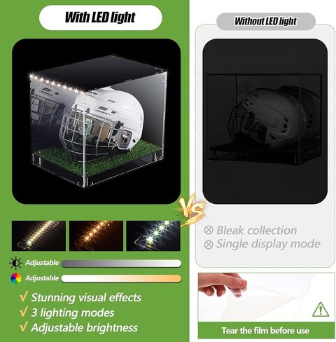 Kigley LED Football Helmet Display Case LED Tricolor Light Strip Full Size Acrylic Helmet Display Case with Mirrored Back with Turf Grass UV Protected Helmet Holder Base for Memorabilia Collectibles in Kuwait