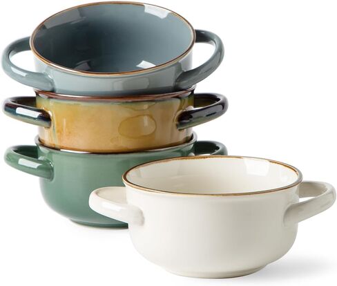 MONITO Ceramic Salad Bowl with Handles, 28 oz French Onion Soup Bowls, Dishwasher & Microwave Safe Ceramic Soup Bowls for Cereal, Pasta, Chilli, Beef Stew, Stackable Serving Bowl Set of 4 in Saudi Arabia