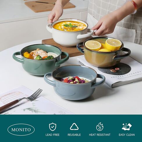 MONITO Ceramic Salad Bowl with Handles, 28 oz French Onion Soup Bowls, Dishwasher & Microwave Safe Ceramic Soup Bowls for Cereal, Pasta, Chilli, Beef Stew, Stackable Serving Bowl Set of 4 in Saudi Arabia