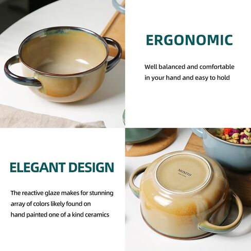 MONITO Ceramic Salad Bowl with Handles, 28 oz French Onion Soup Bowls, Dishwasher & Microwave Safe Ceramic Soup Bowls for Cereal, Pasta, Chilli, Beef Stew, Stackable Serving Bowl Set of 4 in Saudi Arabia