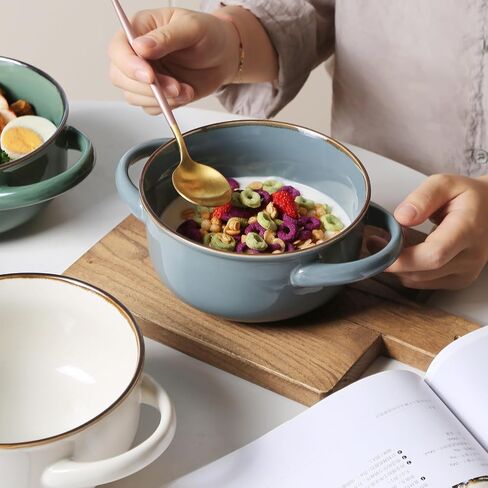 MONITO Ceramic Salad Bowl with Handles, 28 oz French Onion Soup Bowls, Dishwasher & Microwave Safe Ceramic Soup Bowls for Cereal, Pasta, Chilli, Beef Stew, Stackable Serving Bowl Set of 4 in Saudi Arabia