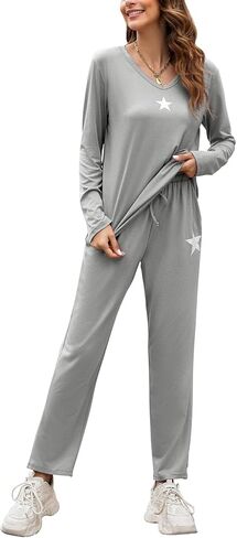 Women's Casual 2 Piece Outfits V Neck Pajama Set Long Sleeve Sweatsuit Pullover Tops and Wide Leg Pants Lounge Sets in Saudi Arabia