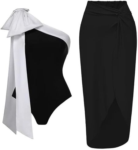 ملابس سباحة وتنورة بكتف واحد باللونين الأسود والأبيض وربطة عنق كبيرة من قطعة واحدة من FLAXMAKER لقضاء العطلات على الشاطئ in Kuwait