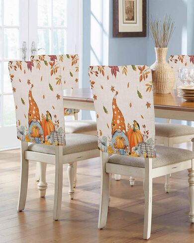 Fall Gnomes Chair Covers Set of 4 for Dining Room, Thanksgiving Pumpkin Rustic Chair Back Cover, Autumn Maple Leaf Botanical Removable Kitchen Chair Slipcovers Seat Protector for Party Banquet Décor in Saudi Arabia