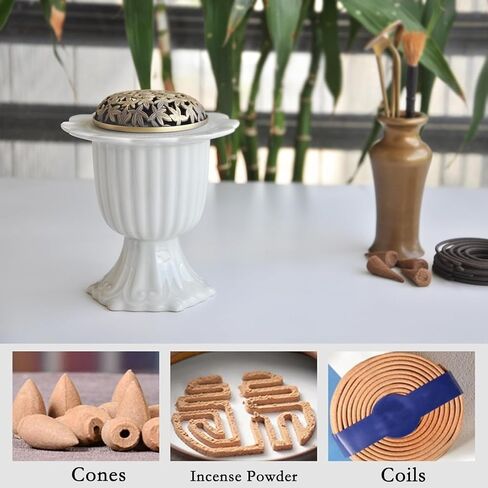 Ceramic Incense Holder with Braze Lid,Incense Cone Burner for Coil Incense,Mediation Gift,Home Decor (White) in Saudi Arabia