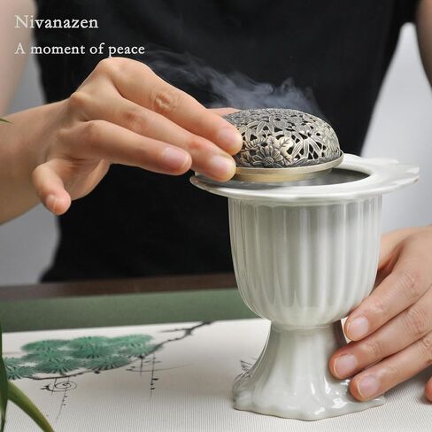 Ceramic Incense Holder with Braze Lid,Incense Cone Burner for Coil Incense,Mediation Gift,Home Decor (White) in Saudi Arabia