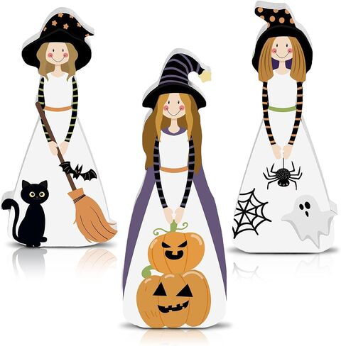 Halloween Witch Figurines Decor Witch Statues Halloween Figurines Decor Wooden Fall Halloween Table Decor Witches Black Crow Pumpkin Black Cat for Home Decoration Halloween Party Supplies in Saudi Arabia