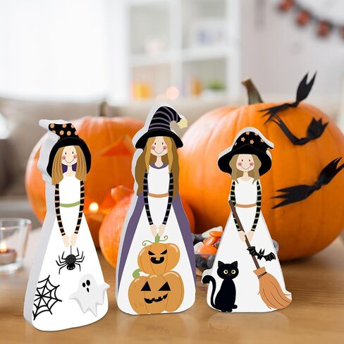 Halloween Witch Figurines Decor Witch Statues Halloween Figurines Decor Wooden Fall Halloween Table Decor Witches Black Crow Pumpkin Black Cat for Home Decoration Halloween Party Supplies in Saudi Arabia