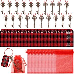 Sliner 20 Set Christmas Santa Key Ornament for No Chimney Houses Vintage Metal Skeleton Charm Santa Key with Santa Claus Card and Red Mesh Bag for Christmas Tree (Red,Black)