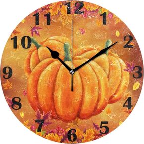 Autumn Pumpkin Maple Lraf Wall Clock Silent Non Ticking Fall Harvest Clocks Battery Operated Vintage Desk Clock 10 Inch Quartz Analog Quiet Bedroom Living Room Home Decor
