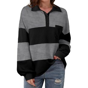 BLENCOT Womens Oversized Striped Sweatshirt Color Block Fall Pullover Polo Shirt Casual Loose Trendy Tops