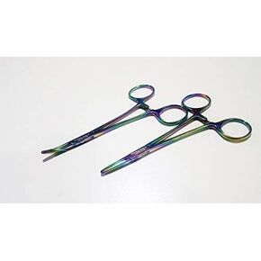 Set of 2 Multi Titanium Color Full Serrated Hemostat Forceps 5" Straight & Curved Pliers Stainless Steel (A2ZSCILAB Brand)