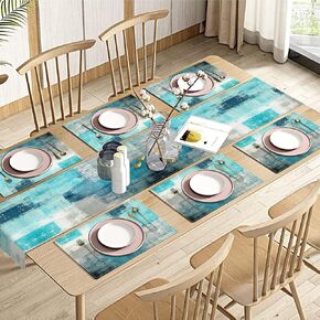 Emvency Blue and Orange Table Runner and Placemats Set of 6, Vintage Abstract Messy Rust Painting Art Dining Table Decor for Daily Use(1 Table Runner 72 inches Long and 6 Placemats)