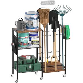 SHINOSKE Garden Tool Organizer with 3-Tier Shelves,Garden Tool Storage Rack with Wheels,Yard Tool Rack for Garage Organization and Storage,Hold Long-Handled Tool,Broom,Rake,3Hooks,Shed,Outdoor
