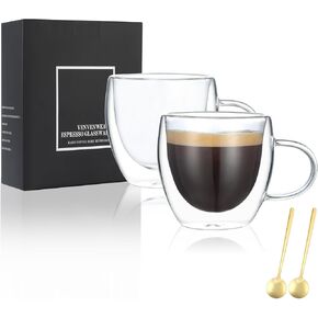 Espresso Cups Set Of 4,Double Wall 5OZ Hand Blown Espresso Shots Glass,Espresso Coffee Mugs In Gift Box,Perfect For Espresso,Latte,Cappuccinos,Tea Bag,Juice