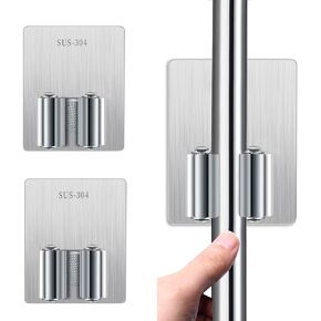 2PCS Broom Holder Wall Mount Self Adhesive Mop and Broom Holder Stainless Steel Broom Hanger Heavy Duty for Laundry Storage Bathroom Kitchen Garage