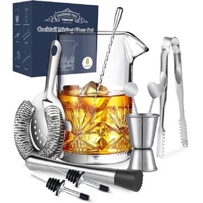 Cocktail Mixing Glass, veecom 18oz Mixing Glass 10 Piece Old Fashioned Kit, Cocktail Mixing Glass Set Bartender Kit with Cocktail Strainer, Muddler, Spoon, Jigger, Ice Tongs, Picks, Pourers, Bar Set