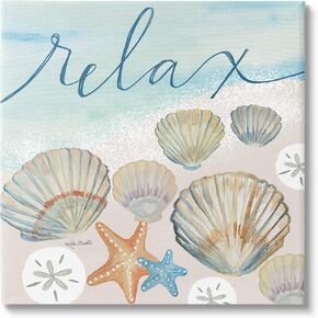 Stupell Industries Relax Text Seaside Clams Beach Shore Theme, Design by Katie Doucette,Blue, 17 x 17