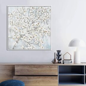 Oakland Living Hand Painted Acrylic White Flower Tree on a 39 x 39 Square Wooden Frame Canvas Wall Art, Large