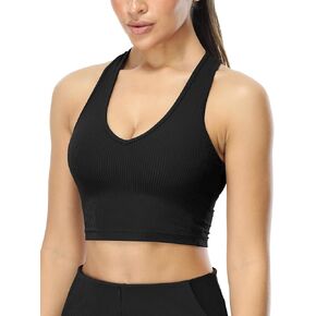 icyzone Ribbed Padded Workout Sports Bras for Women, V Neck Racerback Athletic Yoga Crop Tops with Built in Bra