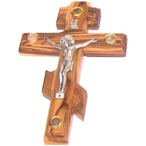 Holy Land Market Small Olive wood Patriarchal three bar Russian Crucifix with samples. (16cm or 6.4 inch) with Certificate in Kuwait