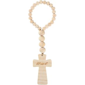 Wood Bead Garland with Blessed Cross, Blessing Beads with Cross, Prayer Beads for Baptism Gifts, Cross Decor for Home Door Knob, Tiered Tray, Shelves, Wall Decor,Tassel