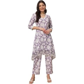 Women's Lavender Cotton Blend Printed Tunic with Pant Co-ords Set