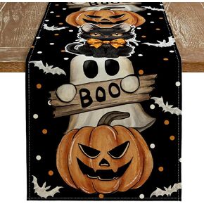 Halloween Ghost Black Table Runner 13x72 Inches, Pumpkin Cat Holiday Indoor Outdoor Table Decoration for Home