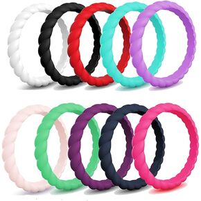 Silicone Wedding Ring for Women, 10 Packs Braided Thin and Stackable Rubber Bands - 3 mm Wide - 2.5 mm Thick