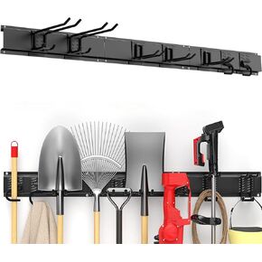 Garage Garden Tools Organizer Storage Wall Mount,48 Inches Rails Adjustable 7pcs Metal Hooks,Yard Storage Rack Heavy Duty-600lbs Capacity for Hanging Garage Tools Garden Snowboard Mop Storage