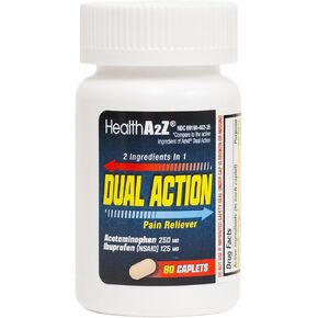HealthA2Z® Dual Action Pain Relief | 80 Caplets | Acetaminophen 250mg & Ibuprofen (NSAID) 125mg | Contains Two Medicines | Relief from Headache, Fever & Backache