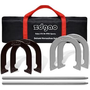 Horseshoes Outside Game Set-Portable Outdoor Horseshoe Set includes 4 Professional Solid Steel Horseshoes with Solid Steel Stakes & Carrying Bag, Perfect for Backyard and Beach
